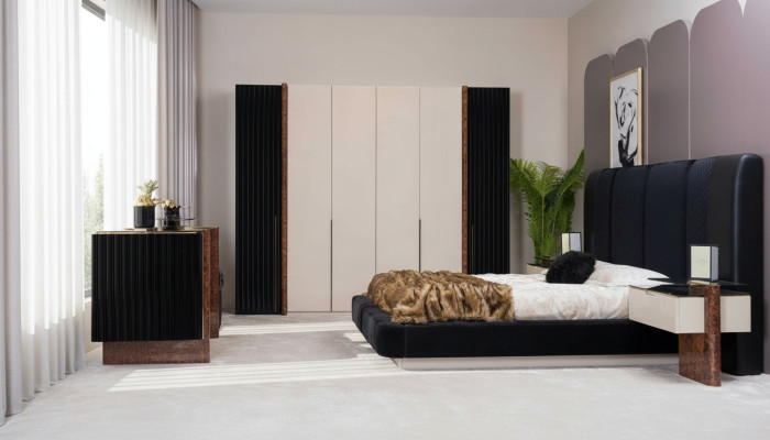Ensemble de chambre de luxe Lit 2x Tables de chevet + Armoire en bois Complet
