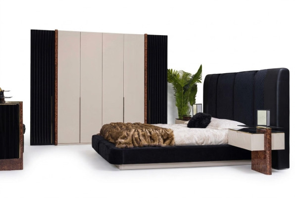 Ensemble de chambre de luxe Lit 2x Tables de chevet + Armoire en bois Complet