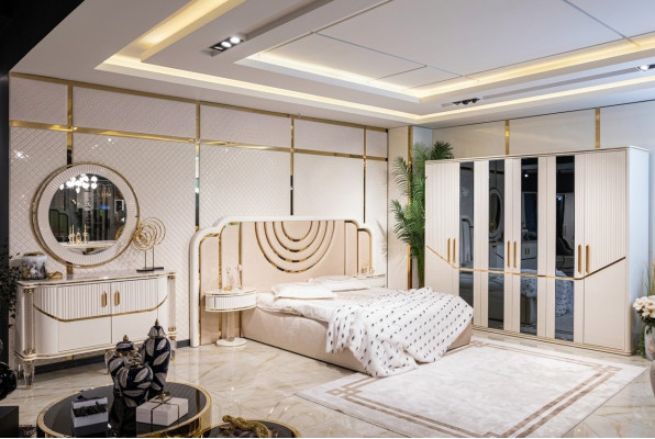 Ensemble de chambre à coucher Lit de luxe 2x Table de chevet Armoire Commode avec Segel 5 pièces