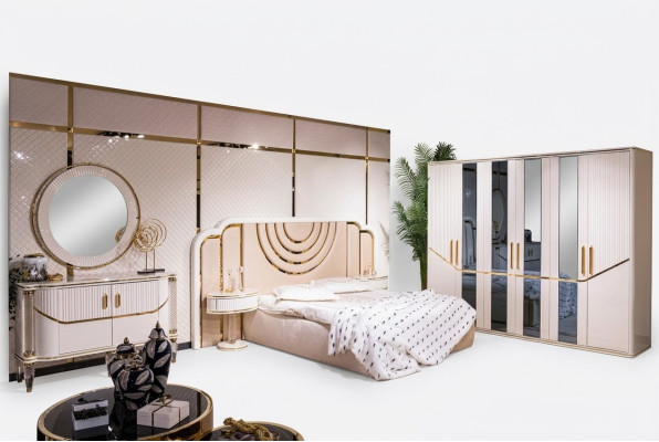 Ensemble de chambre à coucher Lit de luxe 2x Table de chevet Armoire Commode avec Segel 5 pièces