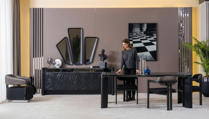 Ensemble de salle à manger noir Table à manger 6 chaises Buffet 3 miroirs Ensemble de salle à manger de luxe