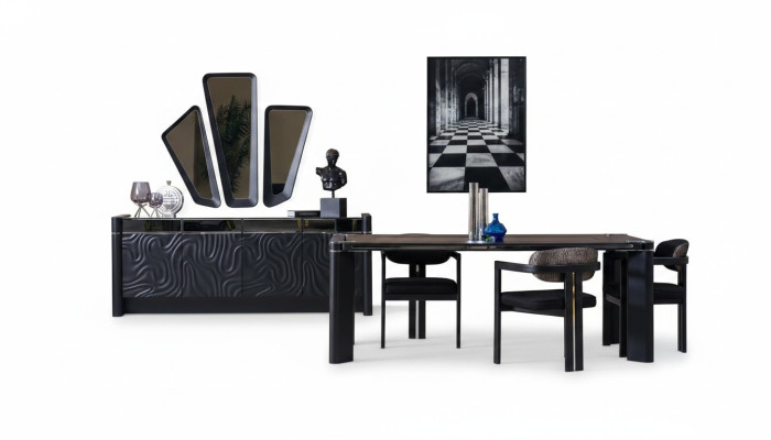 Ensemble de salle à manger noir Table à manger 6 chaises Buffet 3 miroirs Ensemble de salle à manger de luxe