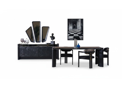 Ensemble de salle à manger noir Table à manger 6 chaises Buffet 3 miroirs Ensemble de salle à manger de luxe