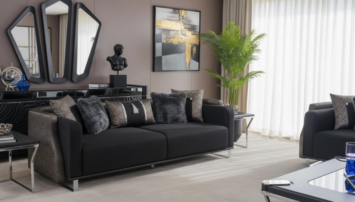 Trois places 240cm canapé noir de luxe Canapé Canapés Meubles Tissu Tissu Velours Ensemble de 3