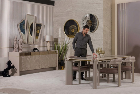 Ensemble de salle à manger de luxe Table à manger + 6 chaises Buffet avec 3 miroirs Ensemble de salle à manger.