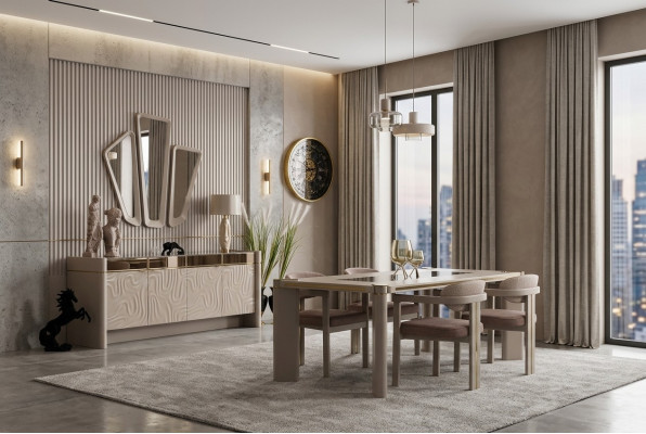 Ensemble de salle à manger de luxe Table à manger + 6 chaises Buffet avec 3 miroirs Ensemble de salle à manger.
