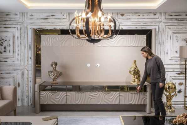 Unité murale de luxe armoire TV Meuble TV Beige Meuble de salon nouveau