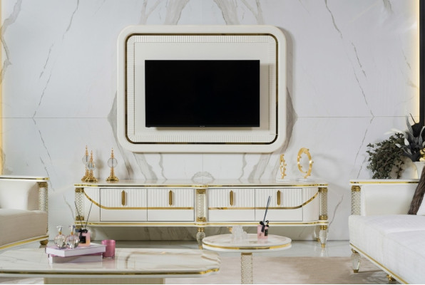 Unité murale de luxe avec télévision, meuble TV bas, support TV, blanc, mobilier de salon, neuf.