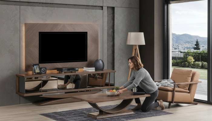 Meuble mural en bois moderne Étagère Style de salon Armoire Meuble de télévision avec cadre de télévision