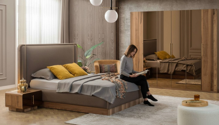 Ensemble de chambre de luxe Lit + 2x Tables de chevet + Armoire en bois complète Moderne nouveau