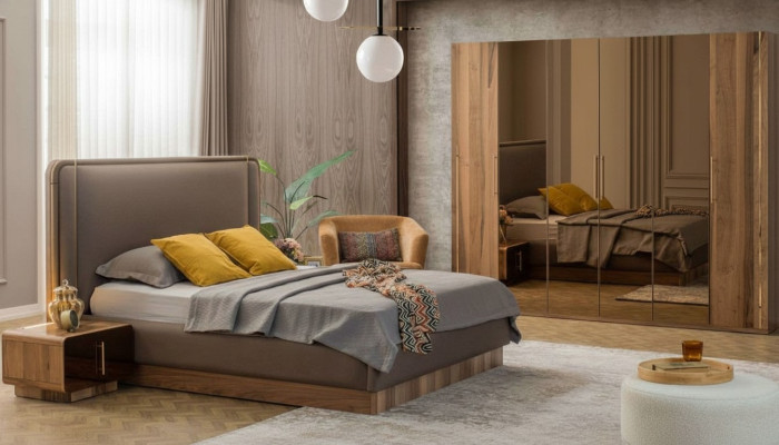 Ensemble de chambre de luxe Lit + 2x Tables de chevet + Armoire en bois complète Moderne nouveau