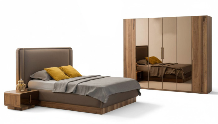 Ensemble de chambre de luxe Lit + 2x Tables de chevet + Armoire en bois complète Moderne nouveau