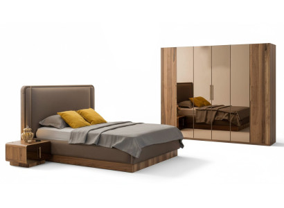 Ensemble de chambre de luxe Lit + 2x Tables de chevet + Armoire en bois complète Moderne nouveau
