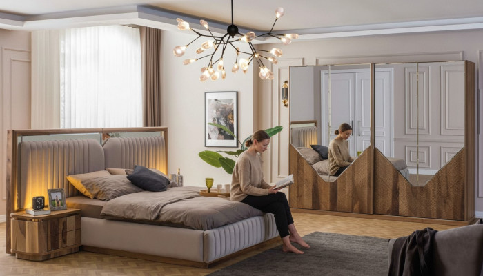 Ensemble de chambre de luxe Lit + 2 tables de chevet + Armoire Moderne Complet
