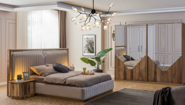 Ensemble de chambre de luxe Lit + 2 tables de chevet + Armoire Moderne Complet