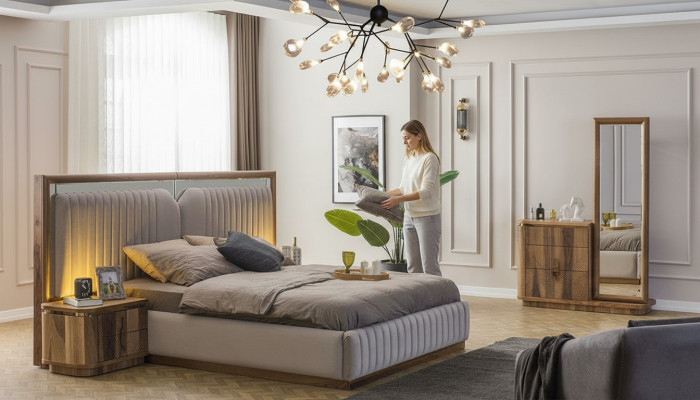 Set de chambre à coucher moderne Lit + 2x Tables de chevet + Commode avec miroir Moderne