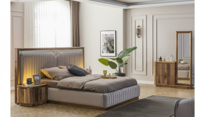 Set de chambre à coucher moderne Lit + 2x Tables de chevet + Commode avec miroir Moderne