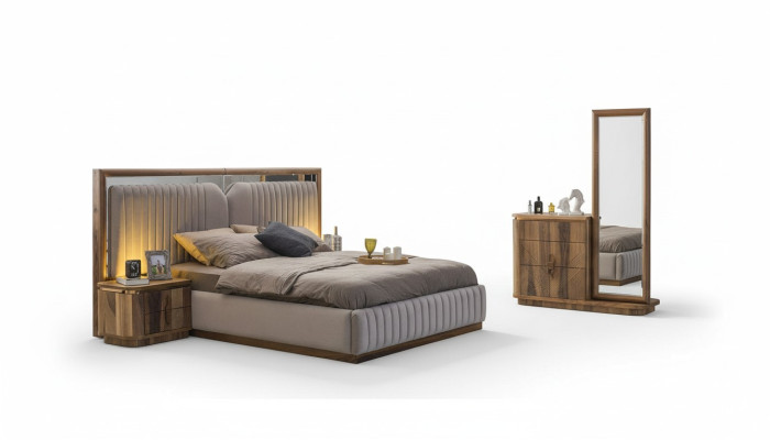 Set de chambre à coucher moderne Lit + 2x Tables de chevet + Commode avec miroir Moderne