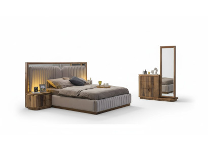 Set de chambre à coucher moderne Lit + 2x Tables de chevet + Commode avec miroir Moderne