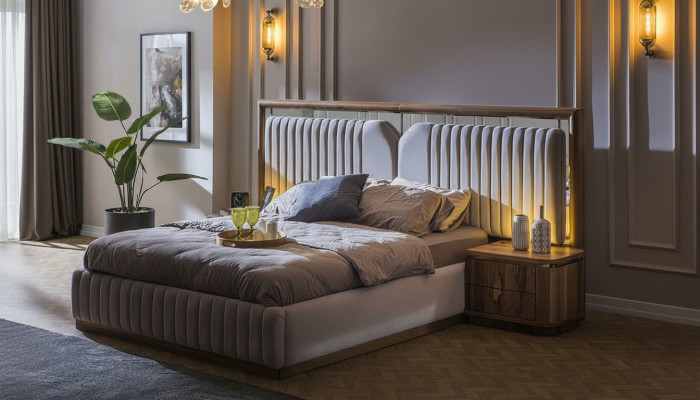 Ensemble de chambre de luxe Lit + 2 tables de chevet en bois Complétez le Moderne