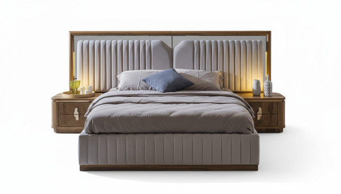 Ensemble de chambre de luxe Lit + 2 tables de chevet en bois Complétez le Moderne
