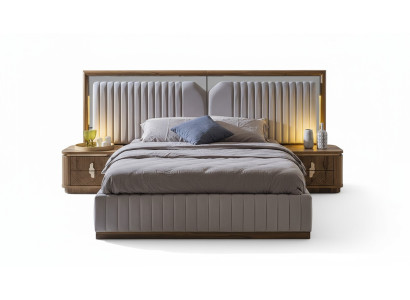 Ensemble de chambre de luxe Lit + 2 tables de chevet en bois Complétez le Moderne