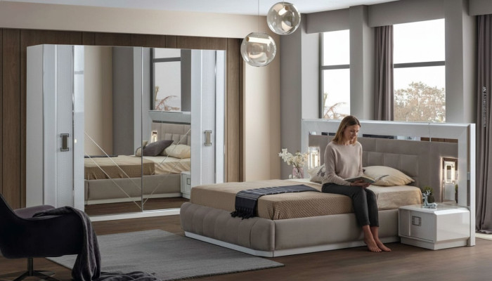 Chambre Ensemble complet Lit 2x Table de chevet Armoire nouveau Design 4 pcs.