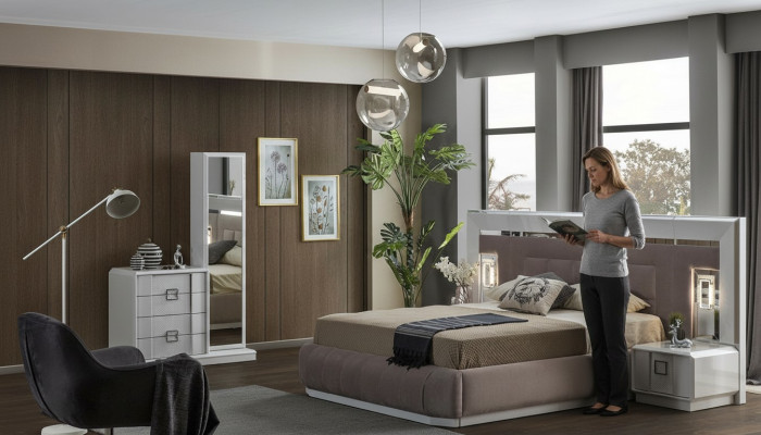 Ensemble chambre moderne Lit + 2 tables de chevet + Commode avec miroir Nouveau de luxe