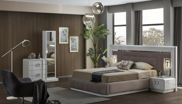 Ensemble chambre moderne Lit + 2 tables de chevet + Commode avec miroir Nouveau de luxe