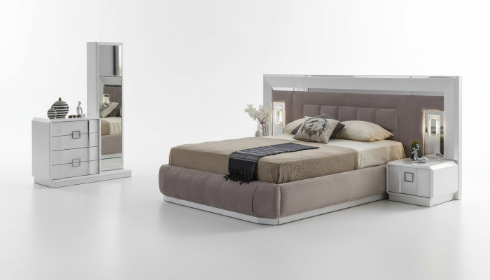 Ensemble chambre moderne Lit + 2 tables de chevet + Commode avec miroir Nouveau de luxe