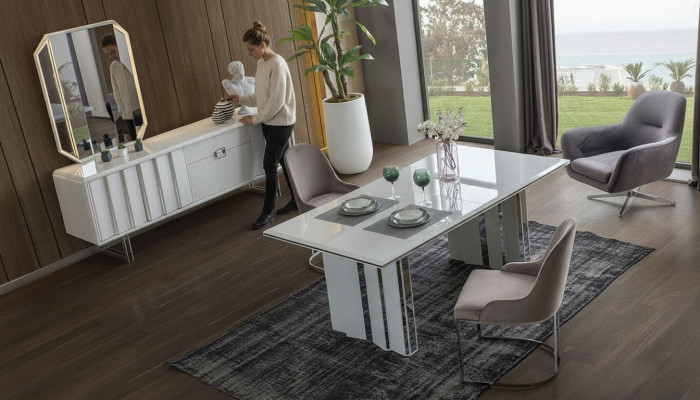 Ensemble de salle à manger de luxe Table à manger + 6x Chaises + Bahut avec Miroir Moderne Complet