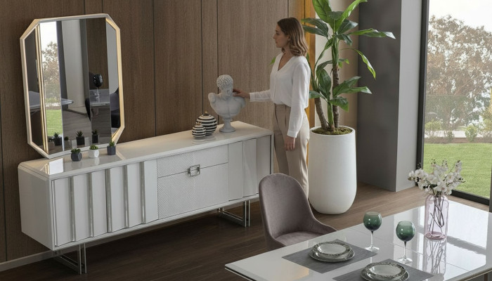 Groupe Buffet Miroir Commode Armoires Mobilier en bois Blanc Salon