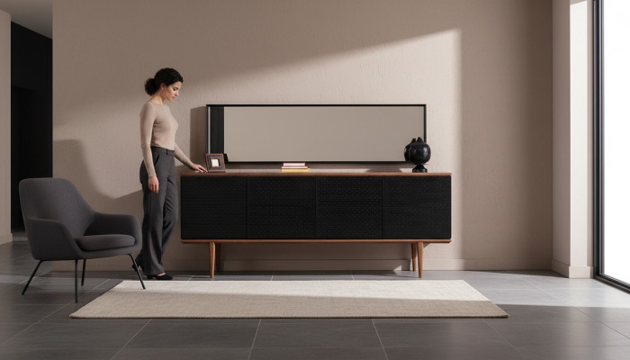 Buffet de luxe avec miroir. Design moderne commodes en bois. Ameublement.