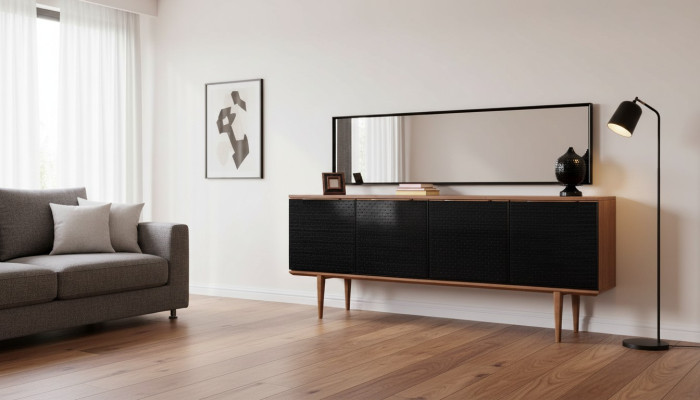 Buffet de luxe avec miroir. Design moderne commodes en bois. Ameublement.