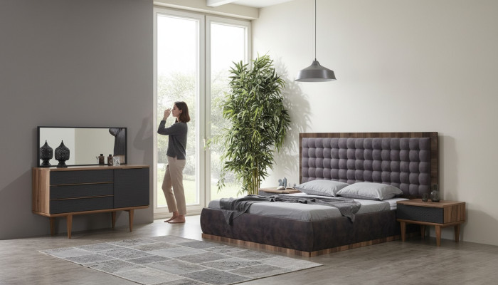 Ensemble de chambre à coucher Lit + 2 tables de chevet + Commode + Miroir Mobilier design 5 pièces
