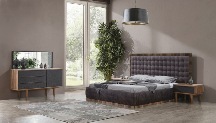 Ensemble de chambre à coucher Lit + 2 tables de chevet + Commode + Miroir Mobilier design 5 pièces