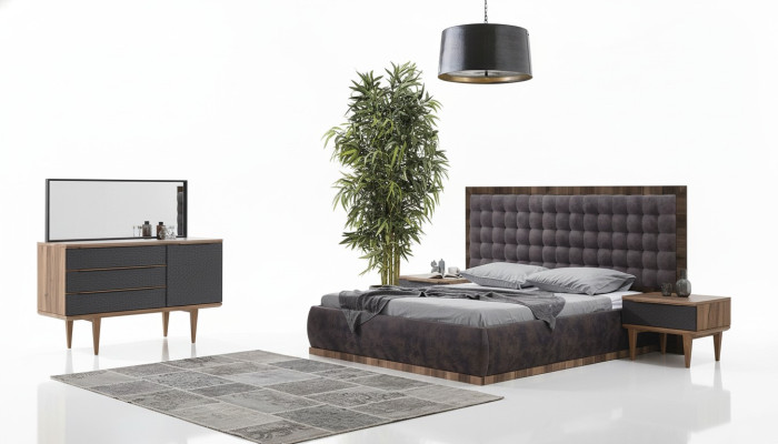 Ensemble de chambre à coucher Lit + 2 tables de chevet + Commode + Miroir Mobilier design 5 pièces