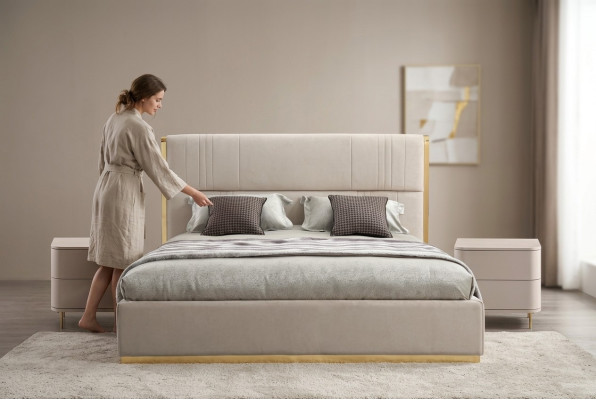 Ensemble de chambre à coucher Lit Gris Métal Tissu Design de Luxe 2x Tables de chevet 3 pièces. nouveau -