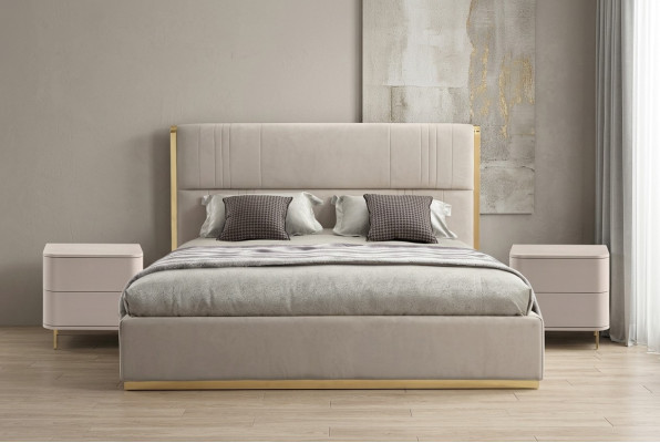 Ensemble de chambre à coucher Lit Gris Métal Tissu Design de Luxe 2x Tables de chevet 3 pièces. nouveau -