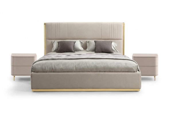 Ensemble de chambre à coucher Lit Gris Métal Tissu Design de Luxe 2x Tables de chevet 3 pièces. nouveau -