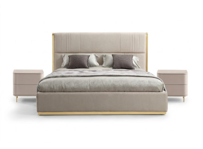 Ensemble de chambre à coucher Lit Gris Métal Tissu Design de Luxe 2x Tables de chevet 3 pièces. nouveau -