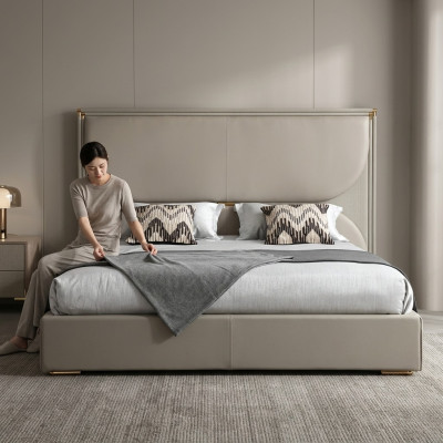 Chambre de luxe Lit Mobilier de designer Lit double Blanc Lits en textile Bois neuf