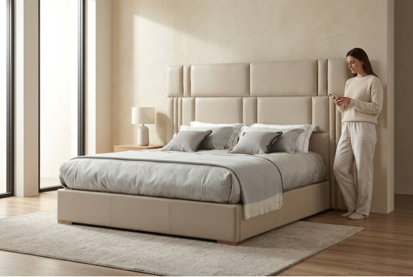 Chambre de luxe Lit Meubles de designer Lit double Blanc Textile Bois neuf
