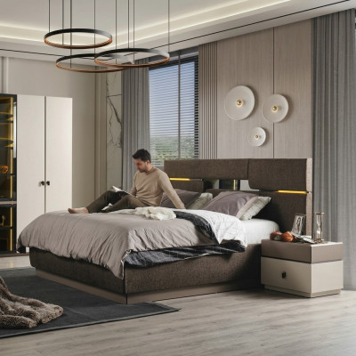 Ensemble de chambre à coucher Lit de luxe couleur marron et 2 tables de chevet 3 pièces nouveau