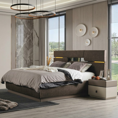 Ensemble de chambre à coucher Lit de luxe couleur marron et 2 tables de chevet 3 pièces nouveau