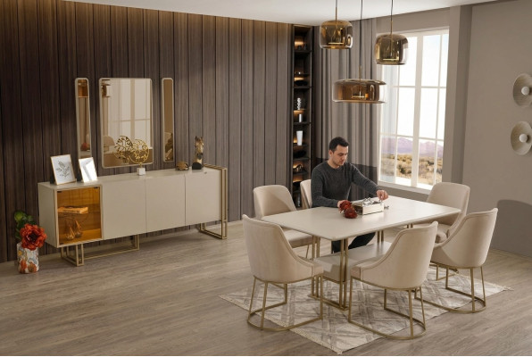Ensemble de salle à manger de luxe: table à manger + 6 chaises + buffet + 3 miroirs, 11 pièces
