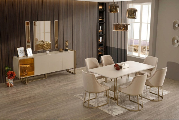 Ensemble de salle à manger de luxe: table à manger + 6 chaises + buffet + 3 miroirs, 11 pièces