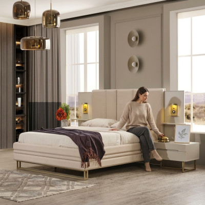 Ensemble de chambre de luxe Complet Lit Beige 2x Tables de chevet Moderne