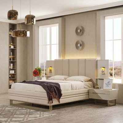 Ensemble de chambre de luxe Complet Lit Beige 2x Tables de chevet Moderne