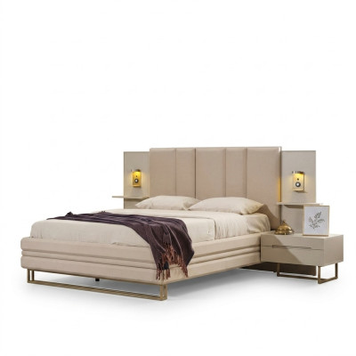 Ensemble de chambre de luxe Complet Lit Beige 2x Tables de chevet Moderne